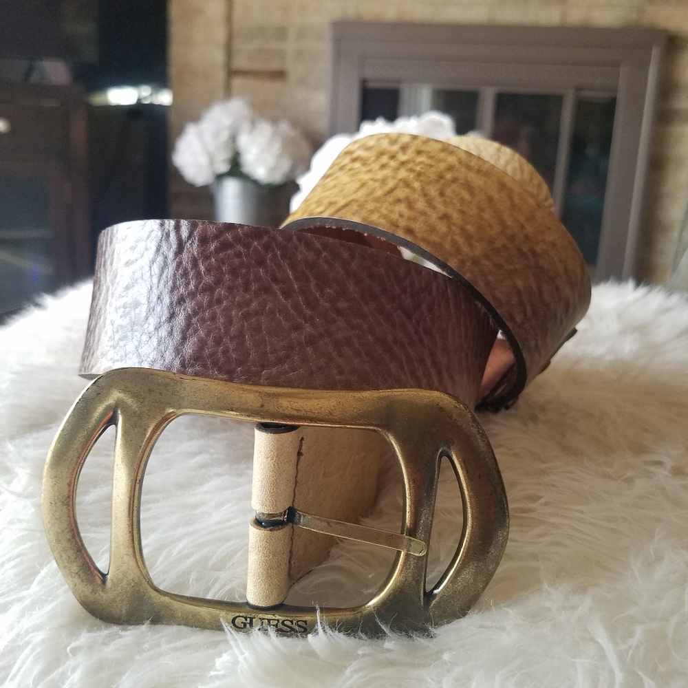 Guess Genuine Leather Ombre Brown Beige Belt with Brass Buckle Like NEW